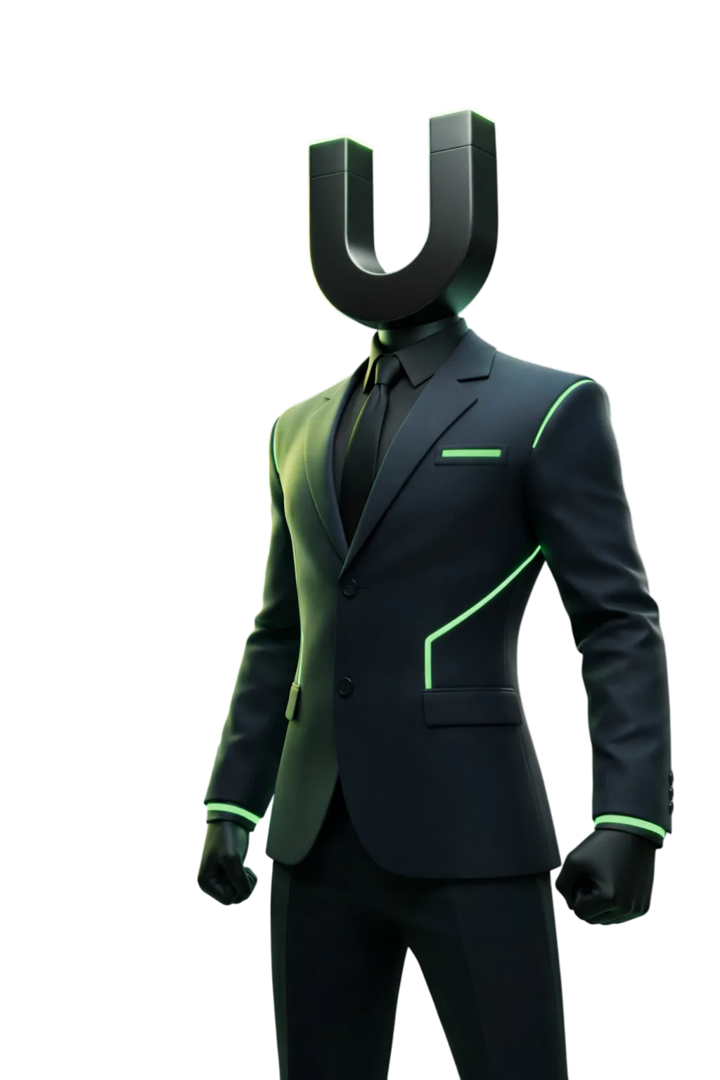 Mascotte LeadMagnet : un personnage à tête d’aimant en costume sombre aux accents verts