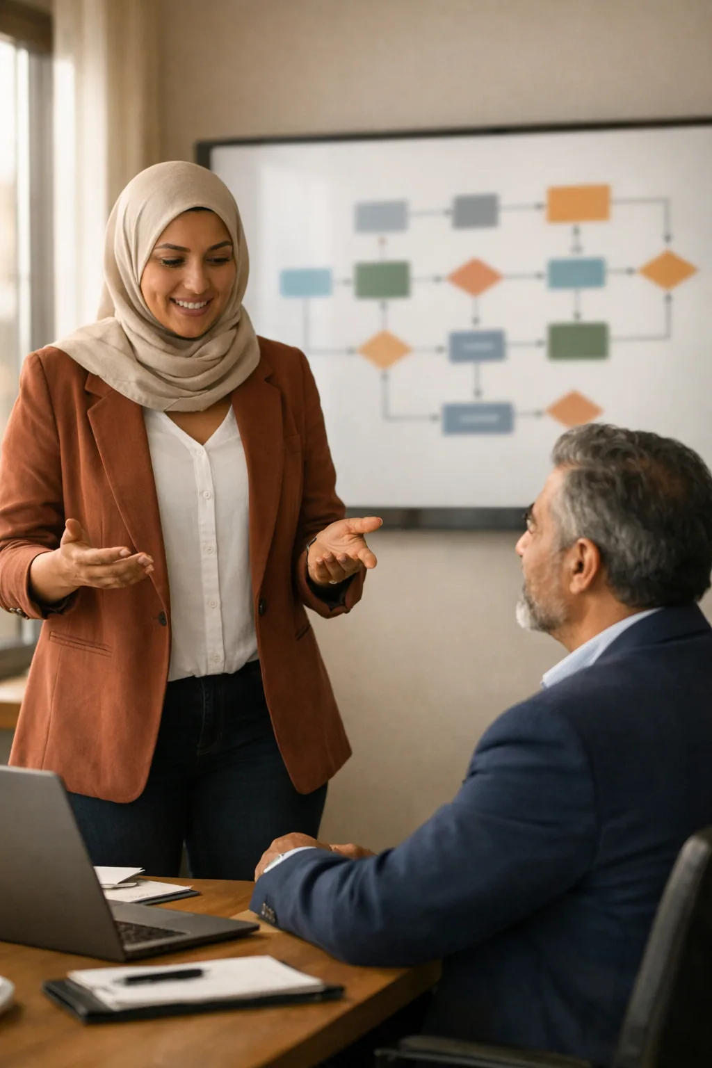 Consultant présentant un schéma de workflow à un client
