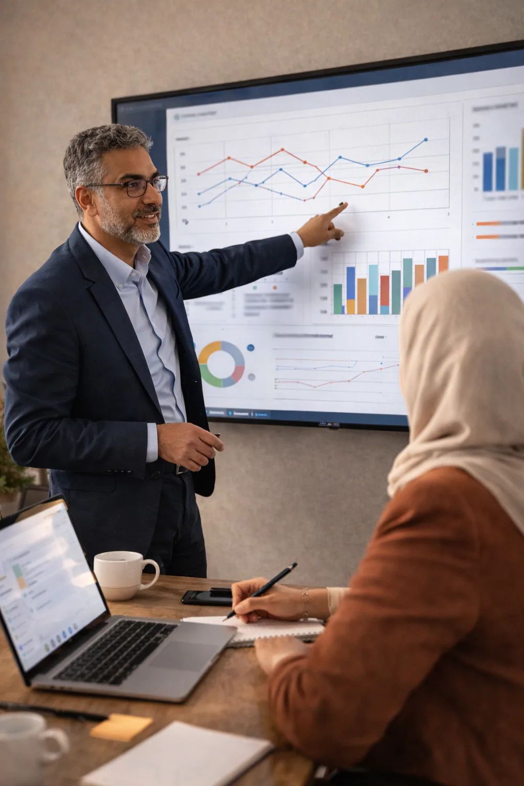 Consultant présentant des graphiques de performance IA à un collègue