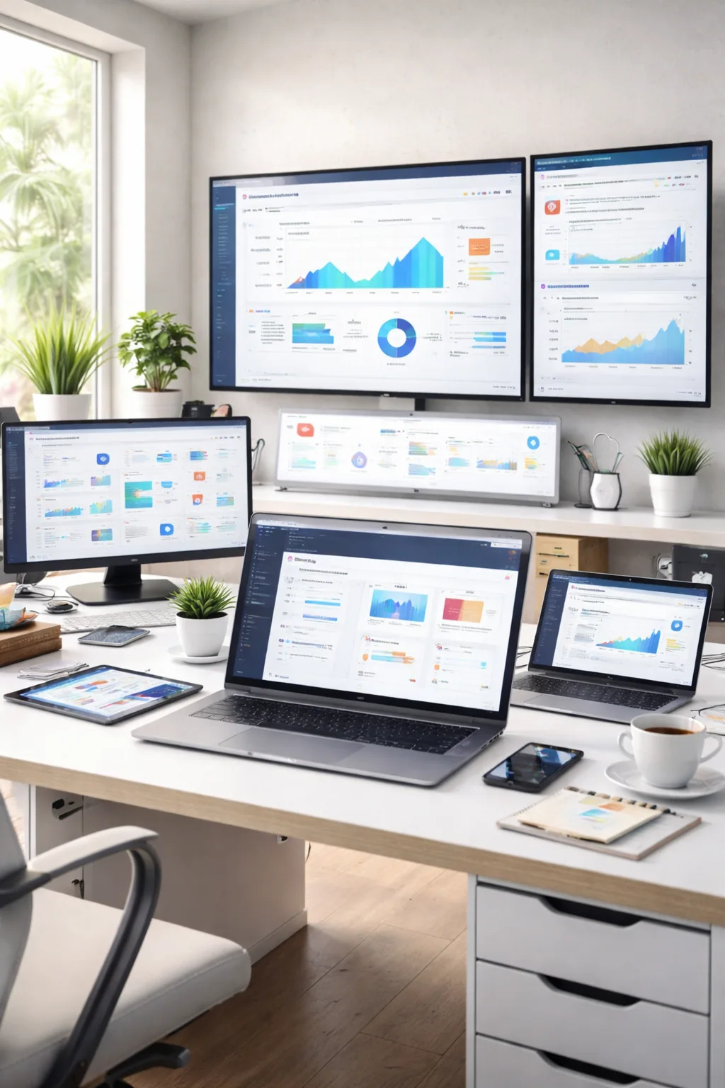 Bureau avec plusieurs écrans affichant des tableaux de bord d’analyse IA