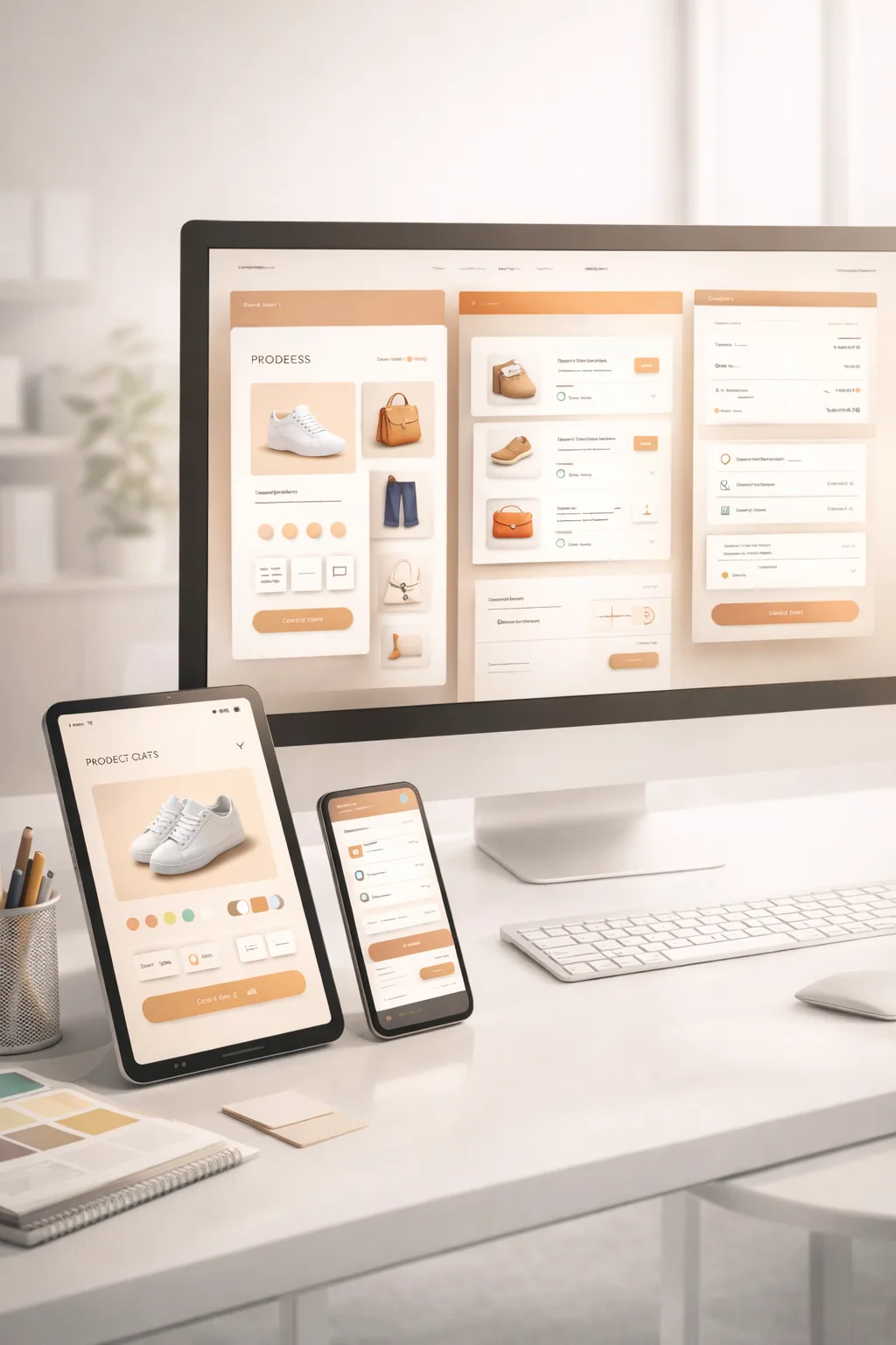 Interface de boutique en ligne sur ordinateur, tablette et téléphone