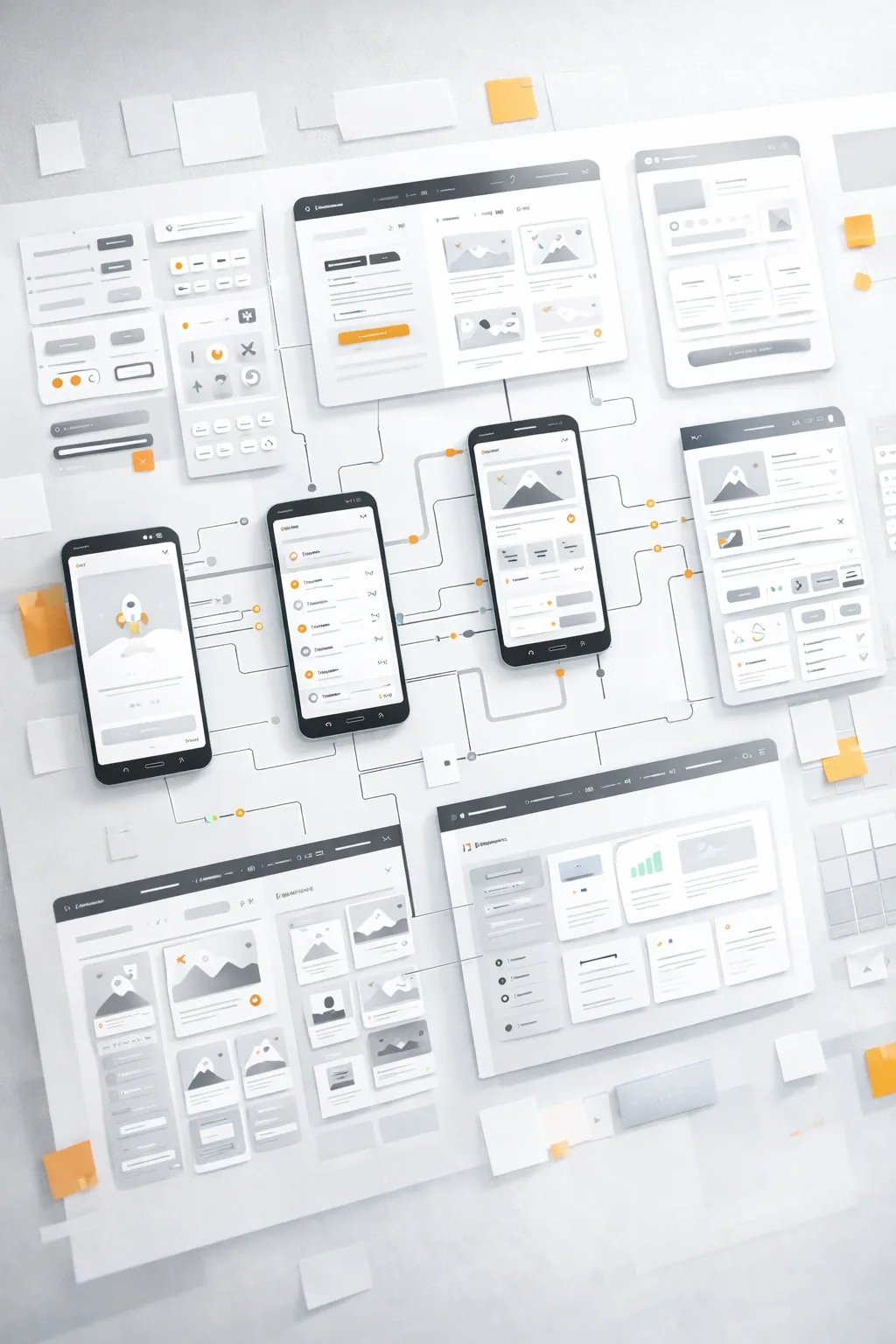 Wireframes des écrans d’une application web et mobile