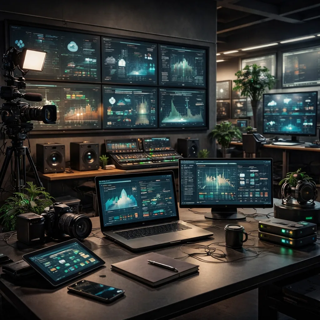 Dark workspace with several screens showing dashboards
