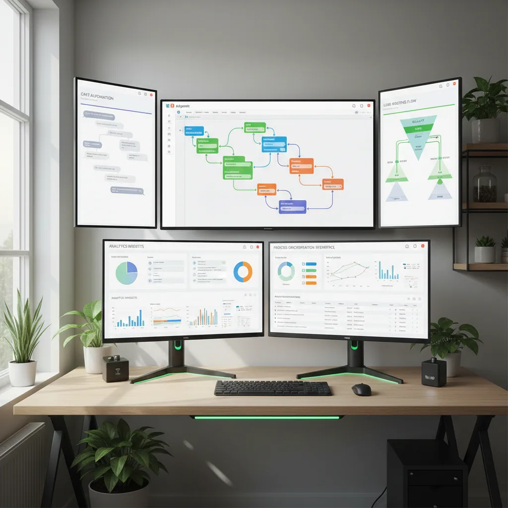 Poste de travail dont les écrans affichent un workflow IA et un tunnel de reporting