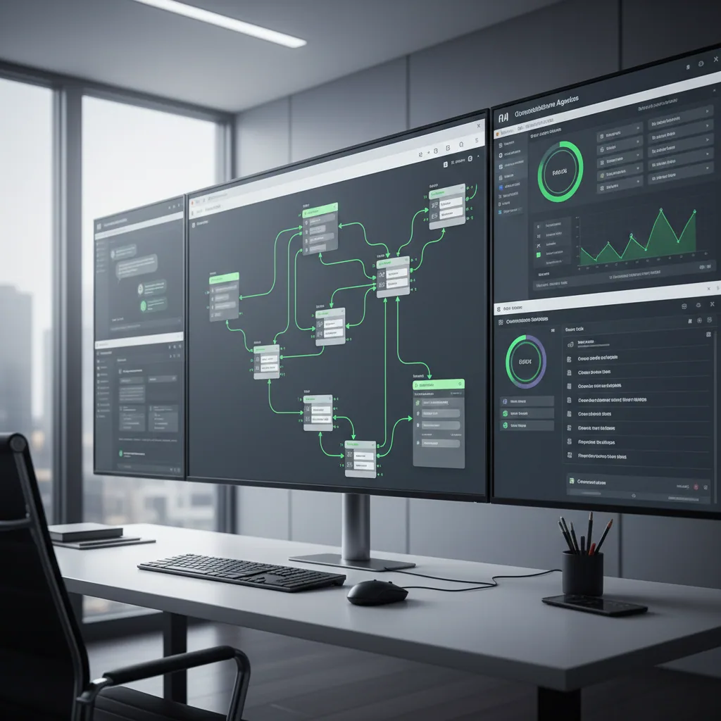 Dark screens showing an AI agent workflow