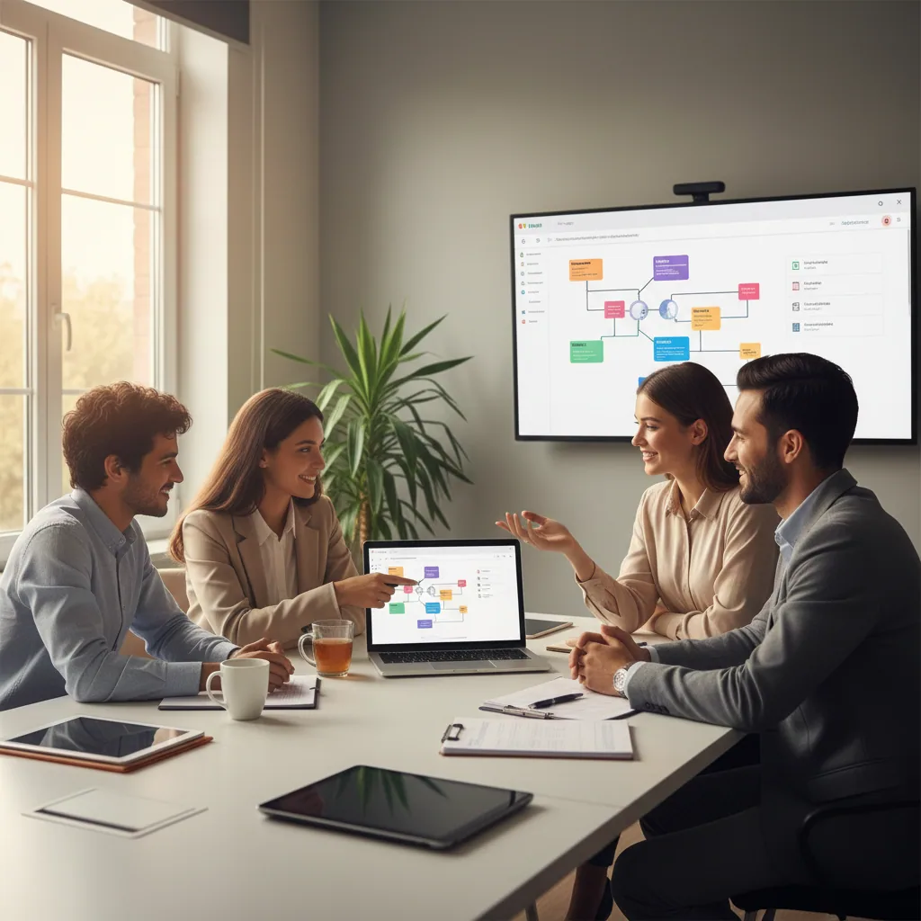 Équipe discutant d’un workflow d’automatisation affiché sur l’écran d’une salle de réunion