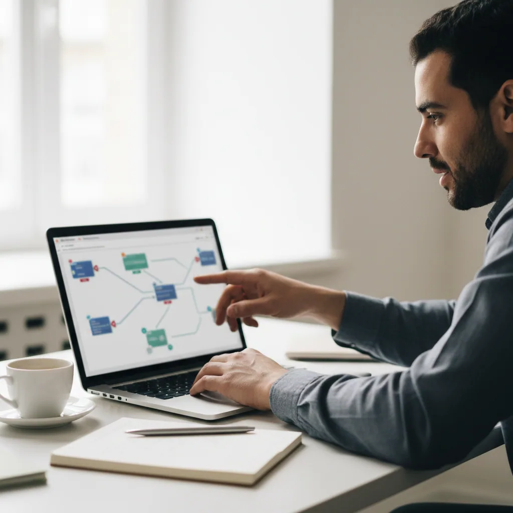 Personne désignant un schéma de workflow sur un ordinateur portable