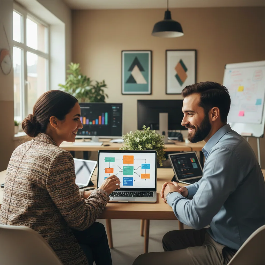 Deux collègues consultant des tableaux de bord d’automatisation sur ordinateur et tablette