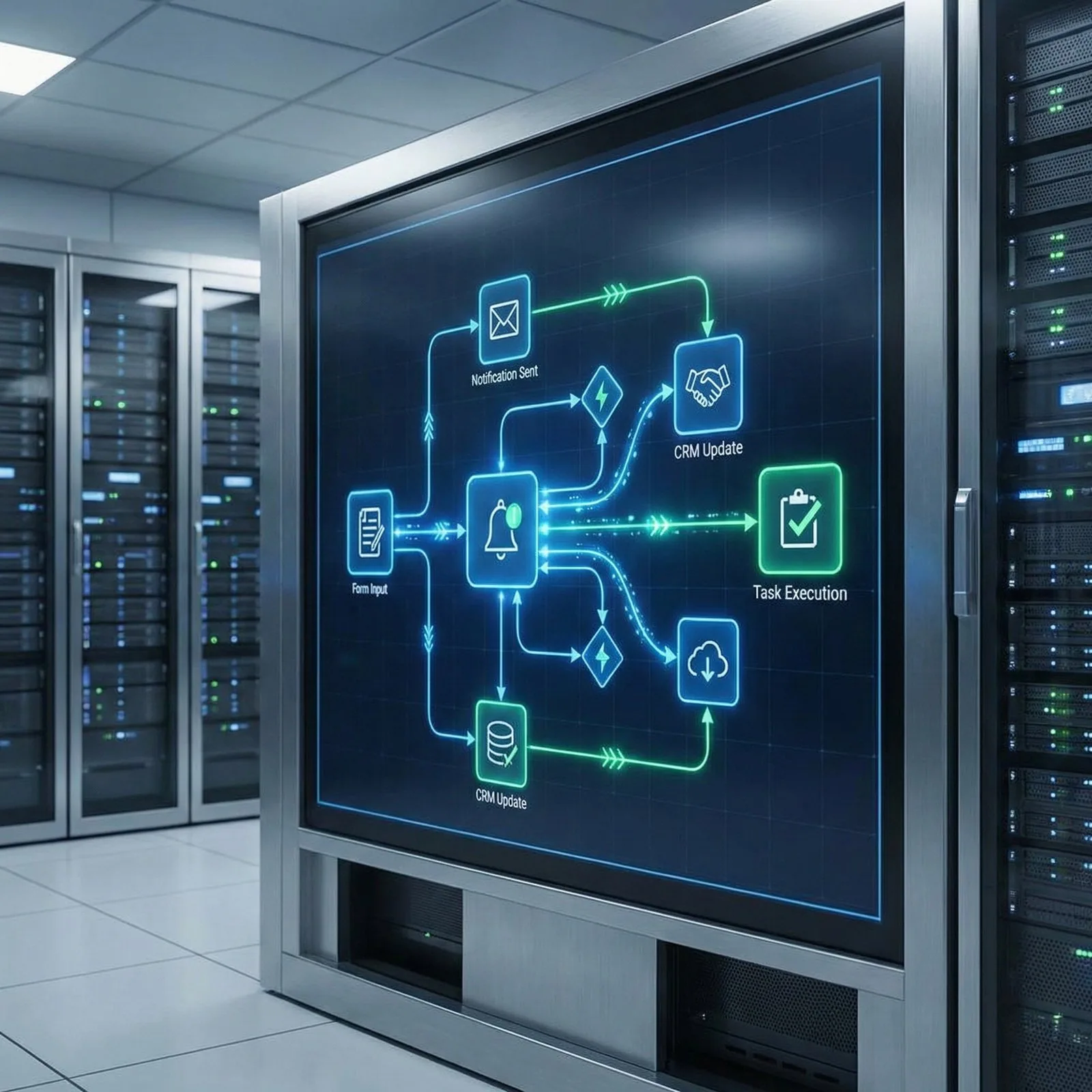 Écran de salle serveur affichant un workflow CRM automatisé