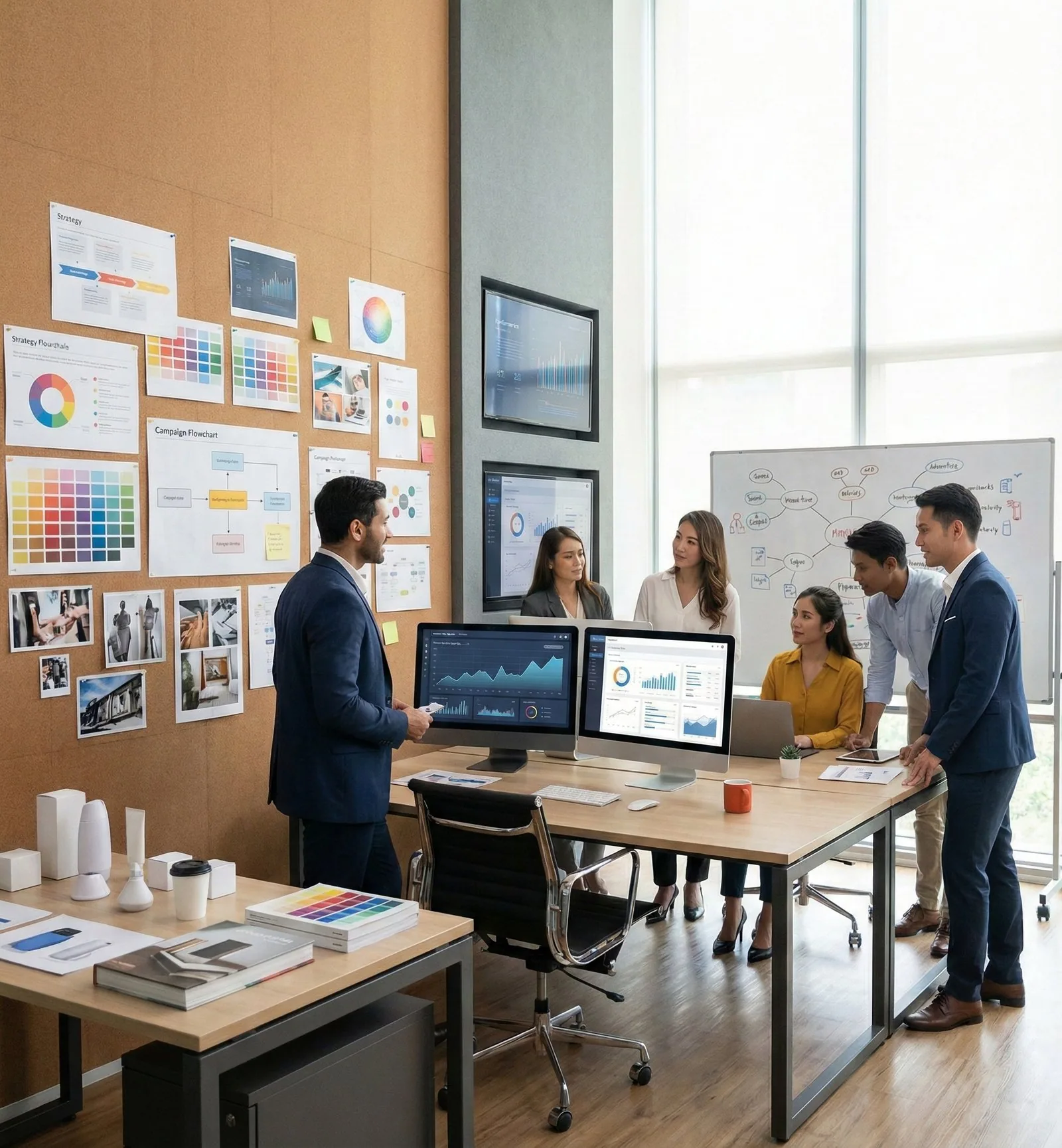 Équipe marketing travaillant dans un bureau avec des planches de marque au mur