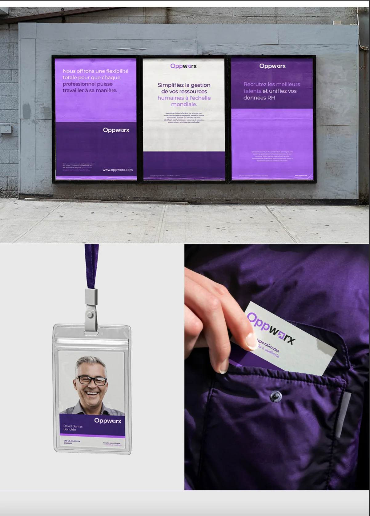 Identité Oppworx sur écrans, badge et carte de visite