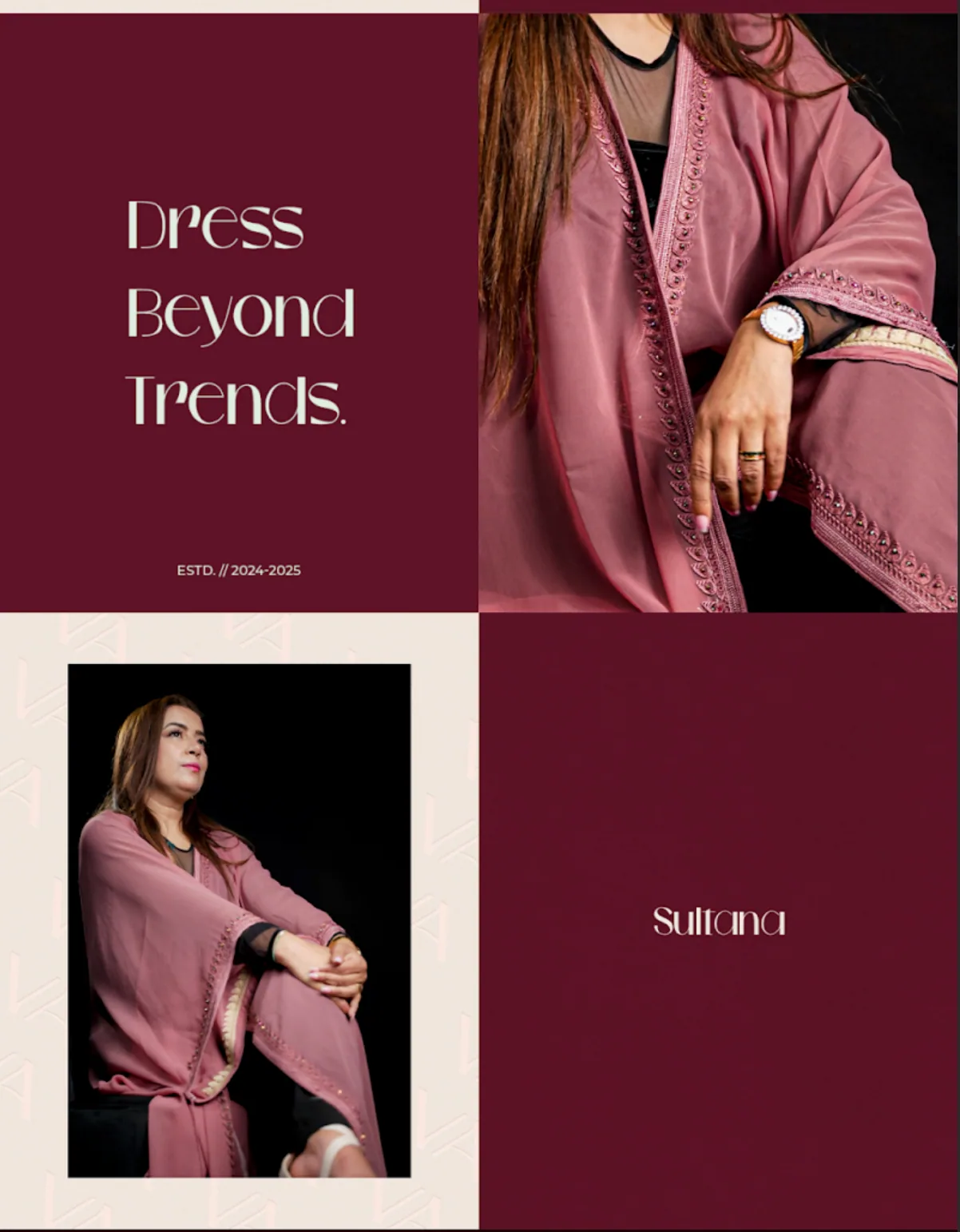 Planche de la marque de mode Sultana, palette bordeaux et photos de campagne